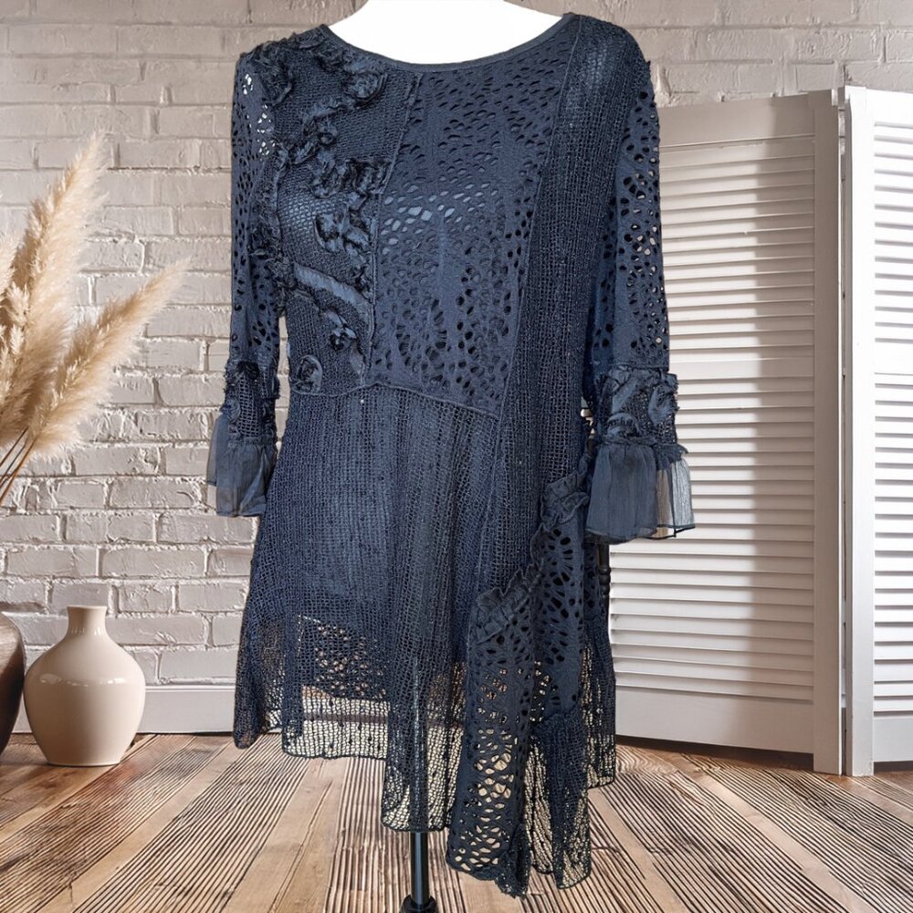 Artsy Lagenlook Boho Mixed Media Tunic Black Lace Mesh Asymmetrical Romantic Top